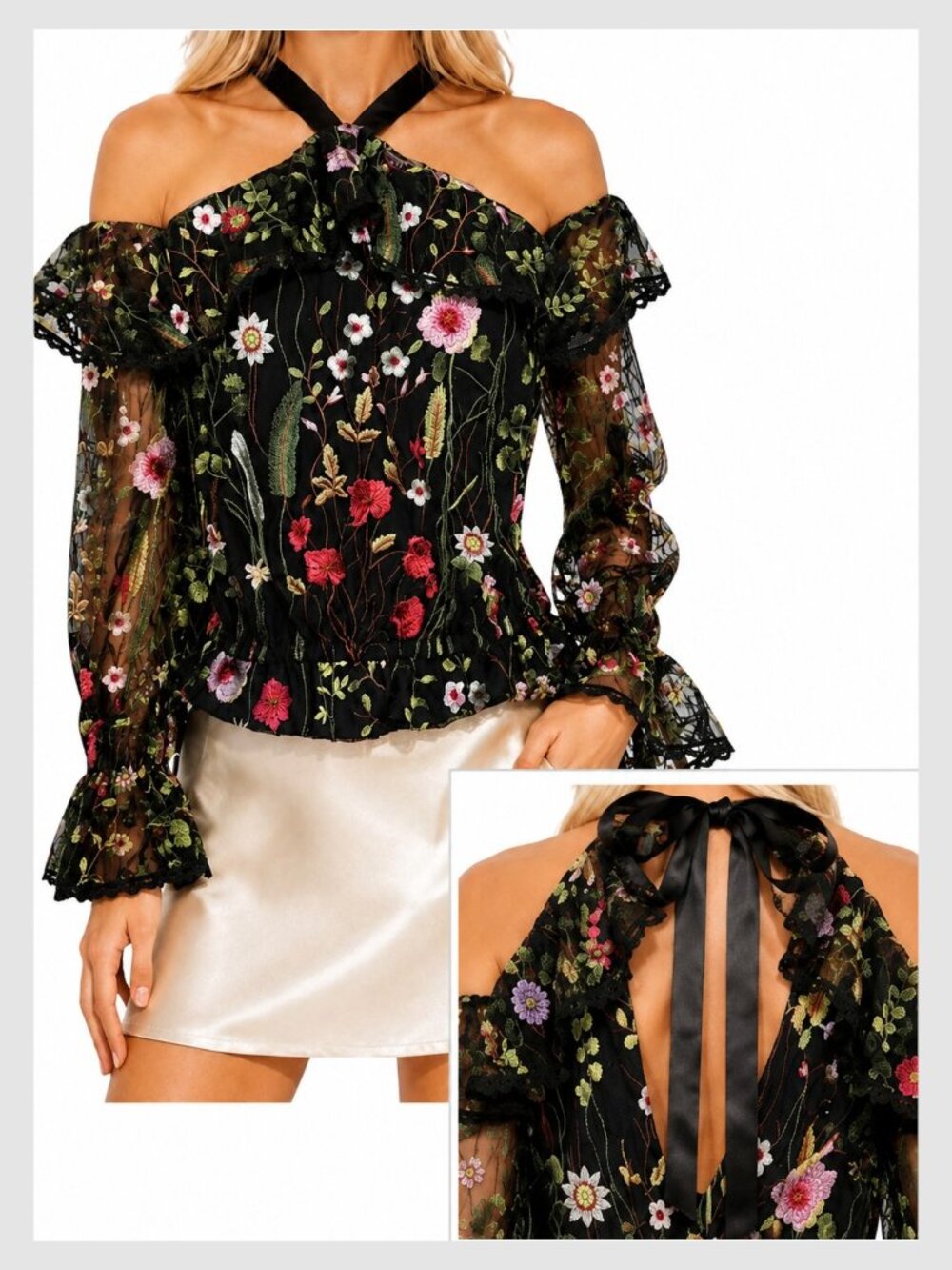 Alexis Black Garden Semi Sheer Embroidered Top M